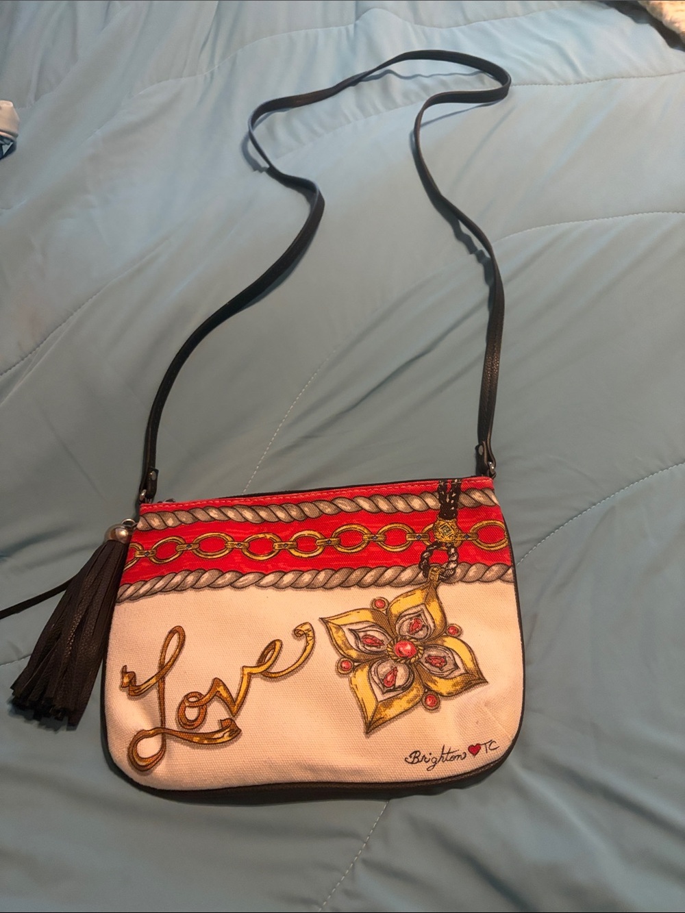 Women’s Red & White Crossbody Bag with Tassel